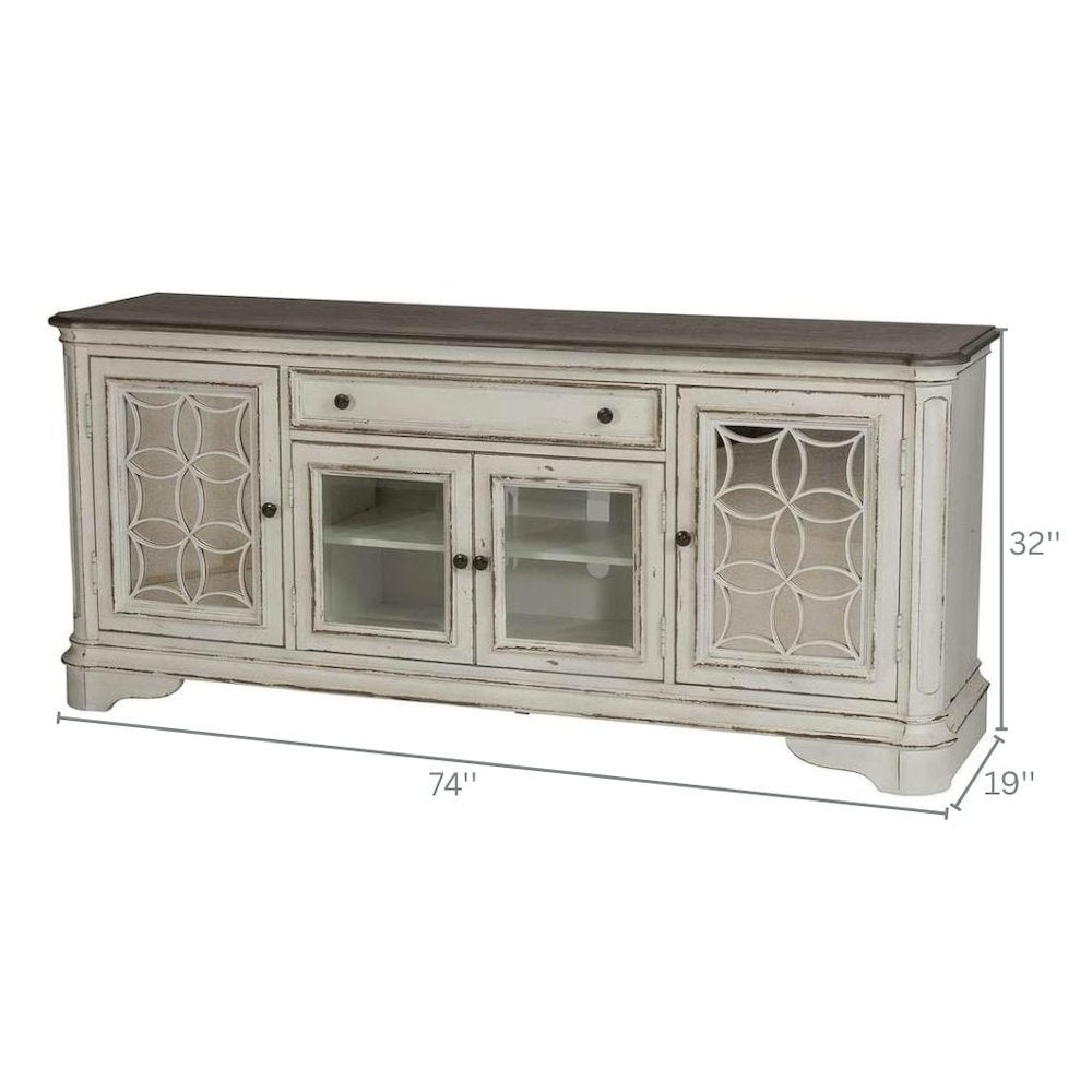 Antique White TV Console with Drawer and 4 Cabinets for Rustic Decor Use