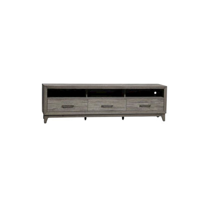 Driftwood gray TV console, contemporary style, wood construction, 76" W