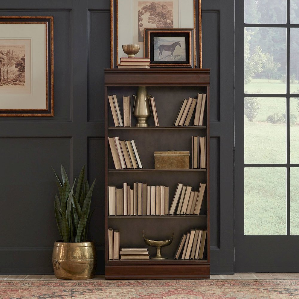 Stepped Bookcase Wall Home Office 4 PcSet Adjustable Shelves - Cognac Wood Frame