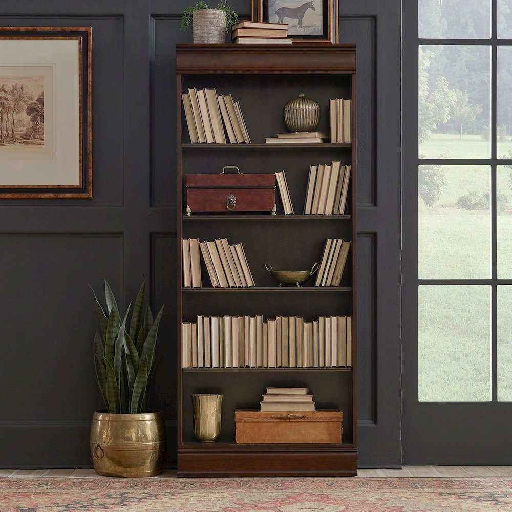 Stepped Bookcase Wall Home Office 4 PcSet Adjustable Shelves - Cognac Wood Frame