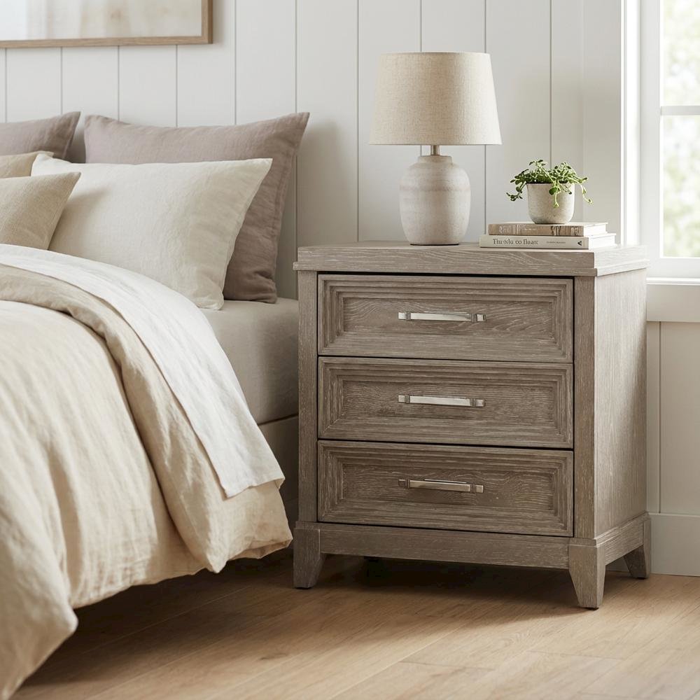 Washed Taupe Nightstand with 3 Drawers and Contemporary Style