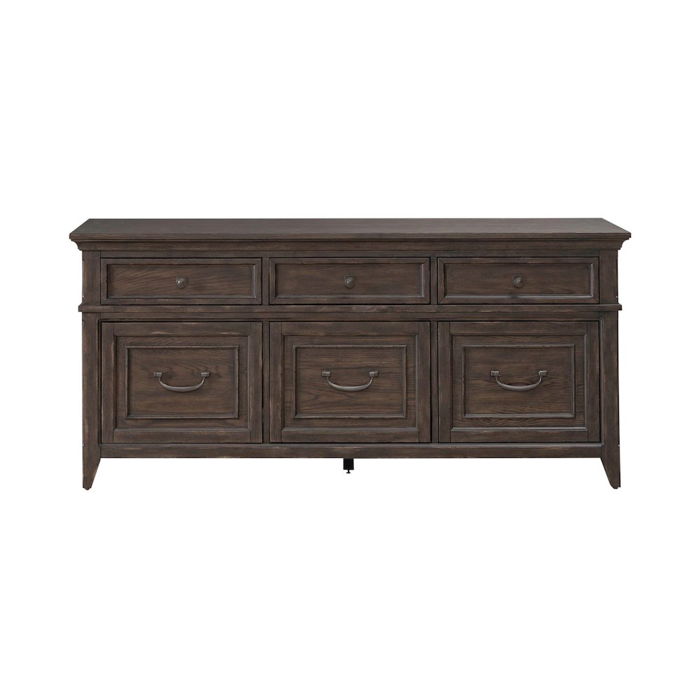 File Credenza with 3 File Storage Drawers Home Office - Saddle Brown Oak Wood