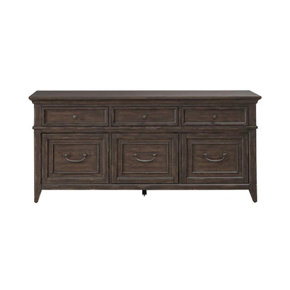 File Credenza with 3 File Storage Drawers Home Office - Saddle Brown Oak Wood