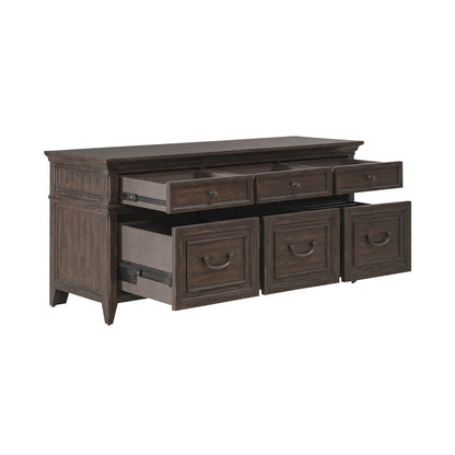 File Credenza with 3 File Storage Drawers Home Office - Saddle Brown Oak Wood