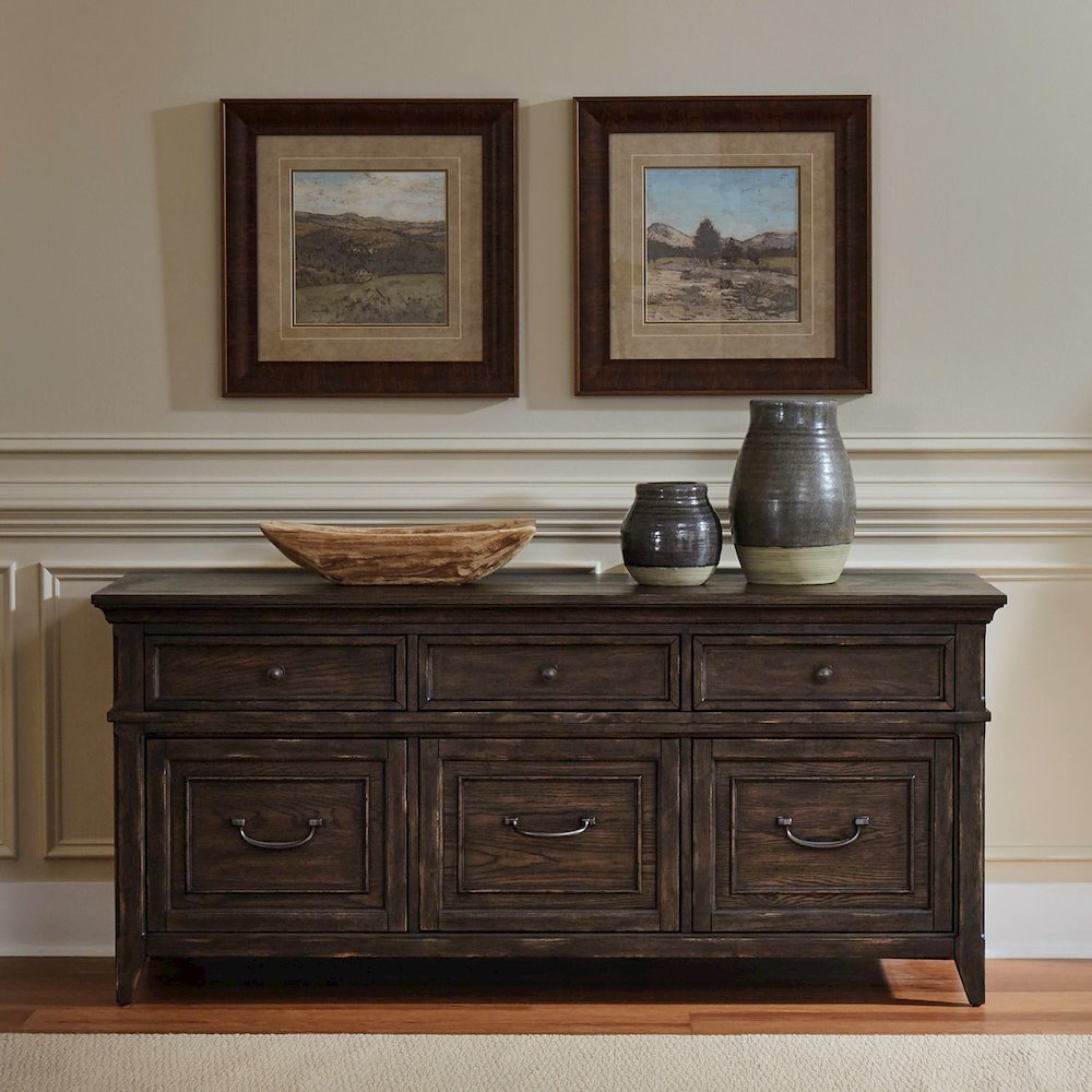 File Credenza with 3 File Storage Drawers Home Office - Saddle Brown Oak Wood