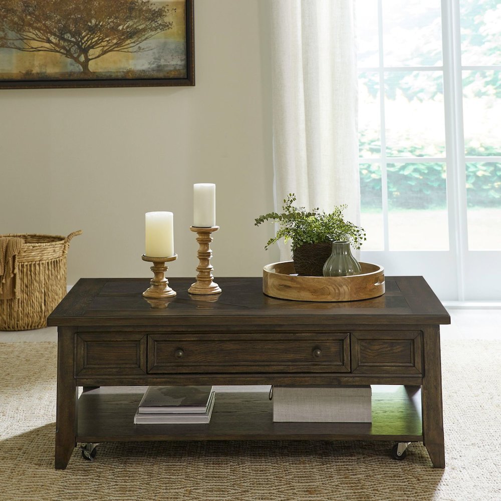 Living Room Rectangular Cocktail Table Traditional - Saddle Brown Oak Wood