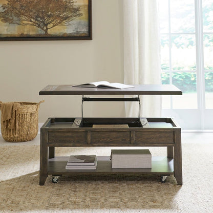 Lift Top Cocktail Table  with Wheels, Hidden Storage - Saddle Brown Oak Wood