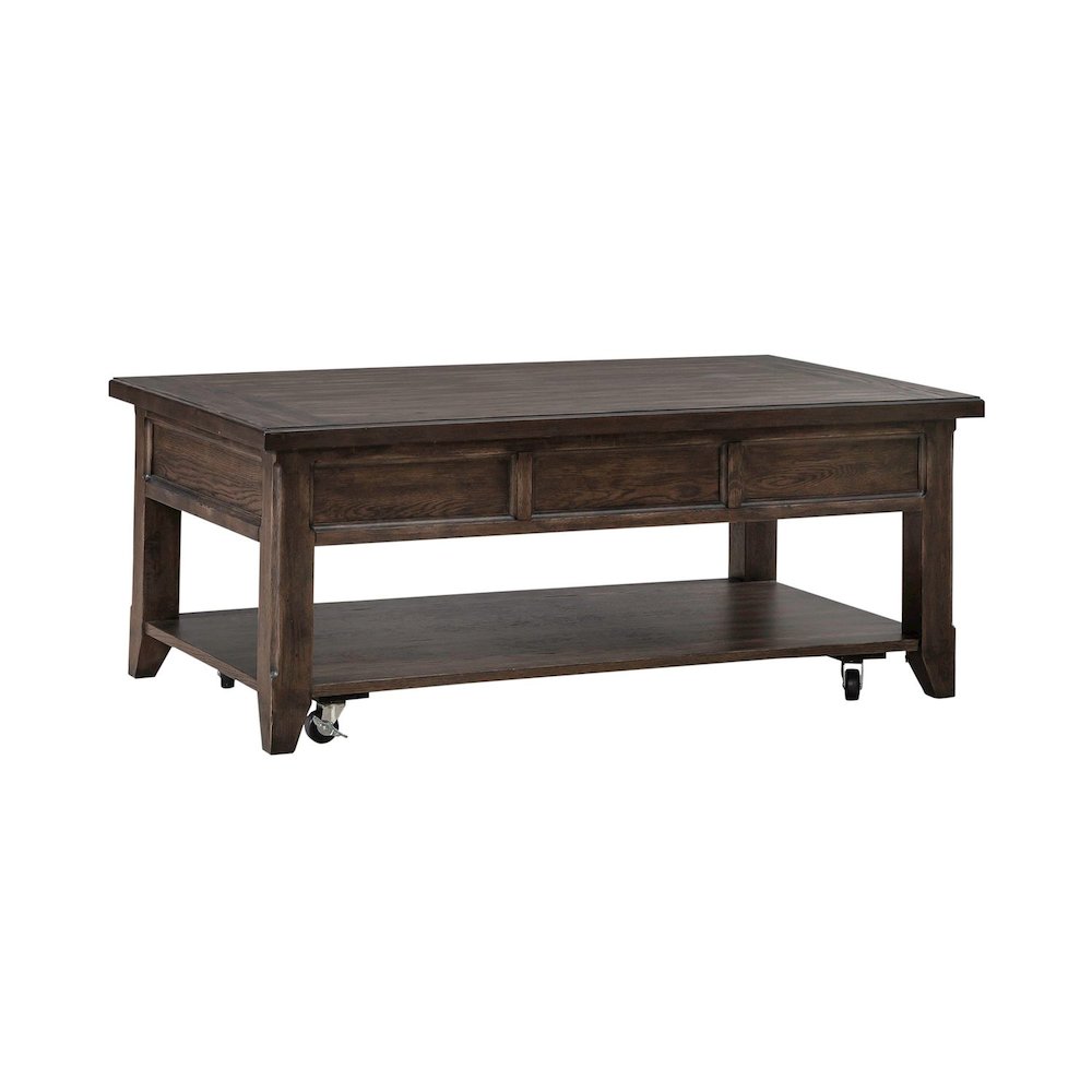 Lift Top Cocktail Table  with Wheels, Hidden Storage - Saddle Brown Oak Wood