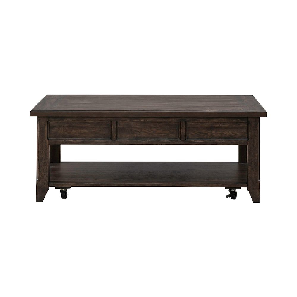 Lift Top Cocktail Table  with Wheels, Hidden Storage - Saddle Brown Oak Wood