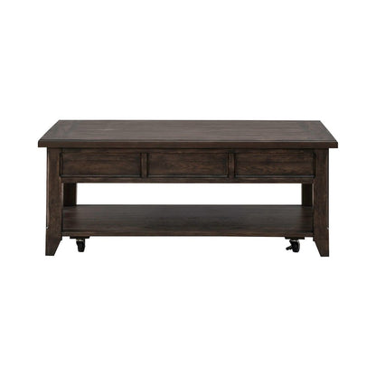 Lift Top Cocktail Table  with Wheels, Hidden Storage - Saddle Brown Oak Wood