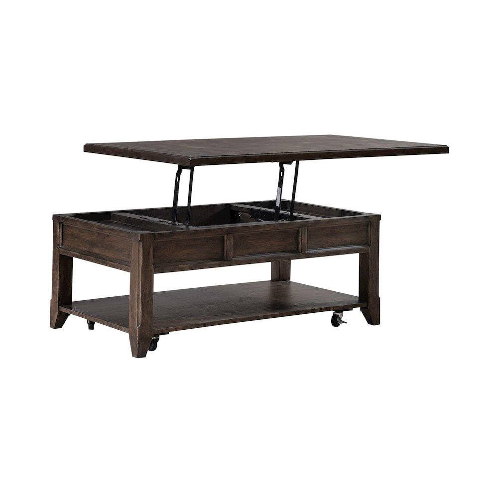 Lift Top Cocktail Table  with Wheels, Hidden Storage - Saddle Brown Oak Wood