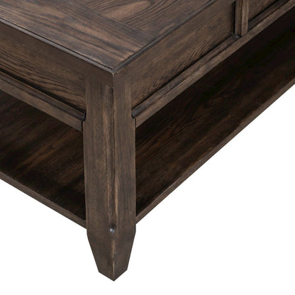 Lift Top Cocktail Table  with Wheels, Hidden Storage - Saddle Brown Oak Wood