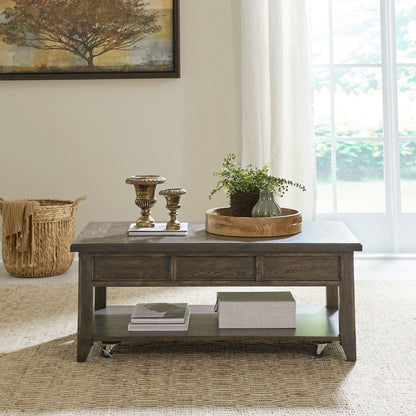 Lift Top Cocktail Table  with Wheels, Hidden Storage - Saddle Brown Oak Wood