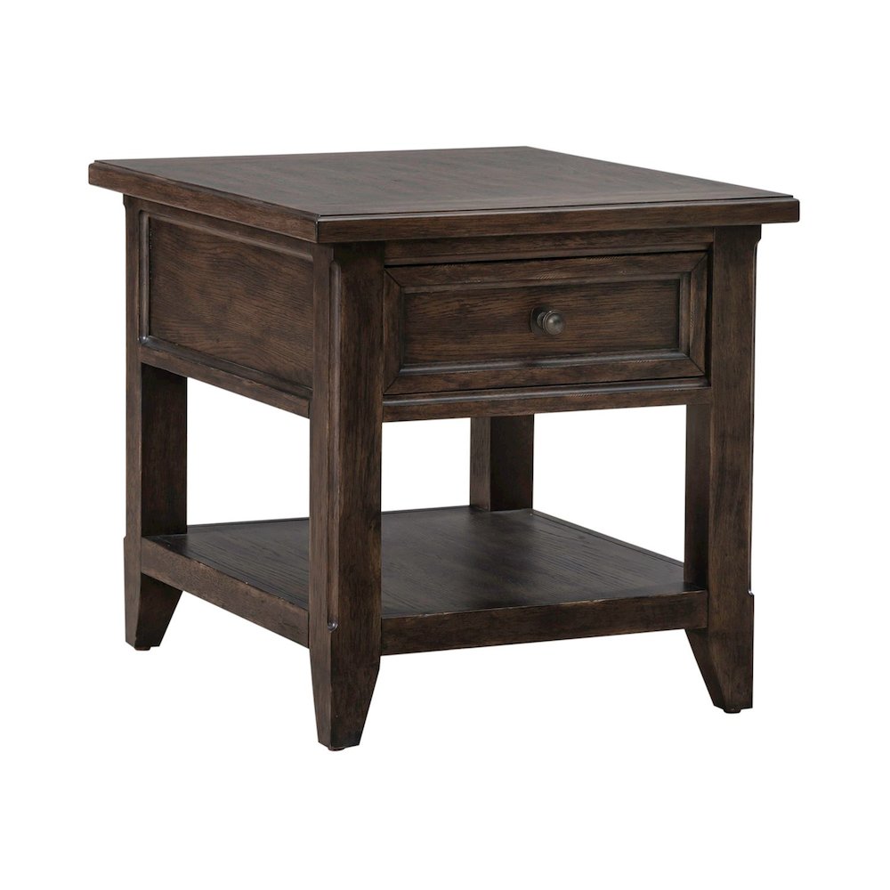 Rectangular End Table Traditional - Storage Drawer - Saddle Brown Oak Wood