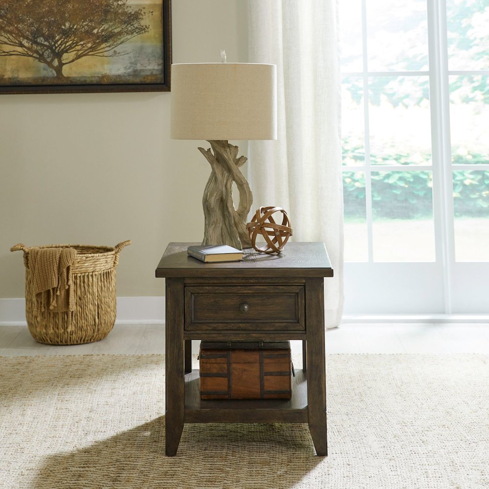 Rectangular End Table Traditional - Storage Drawer - Saddle Brown Oak Wood