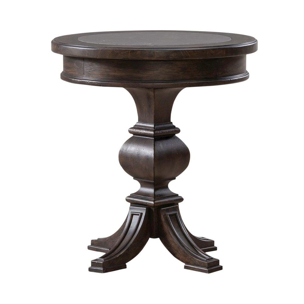Round Pedestal Chairside Table Traditional - Saddle Brown Oak Wood