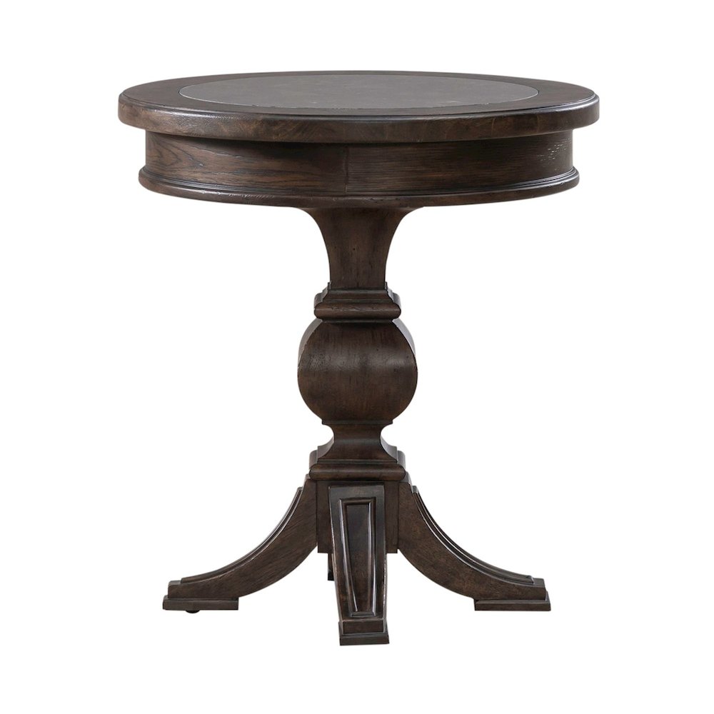 Round Pedestal Chairside Table Traditional - Saddle Brown Oak Wood