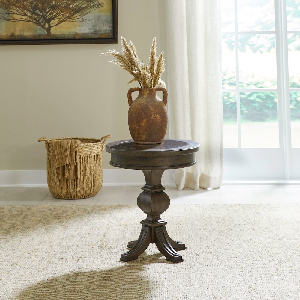 Round Pedestal Chairside Table Traditional - Saddle Brown Oak Wood