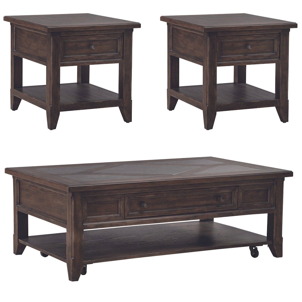 3 Pc Living Room Set - Stone Top Cocktail Table, 2 End Tables - Brown Oak Wood