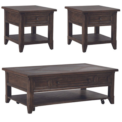 3 Pc Living Room Set - Stone Top Cocktail Table, 2 End Tables - Brown Oak Wood