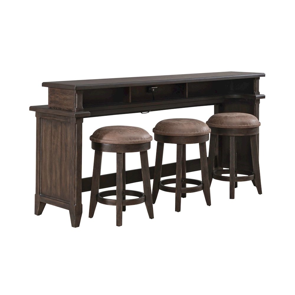 4 Pc Console Table Set - Charging Station, 4 Upholstered Stools - Brown Oak Wood