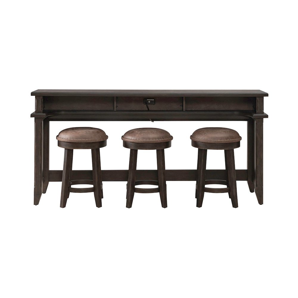 4 Pc Console Table Set - Charging Station, 4 Upholstered Stools - Brown Oak Wood