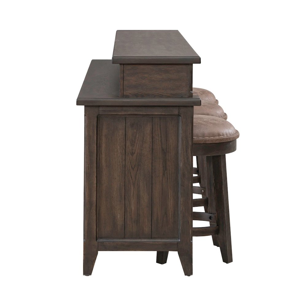 4 Pc Console Table Set - Charging Station, 4 Upholstered Stools - Brown Oak Wood