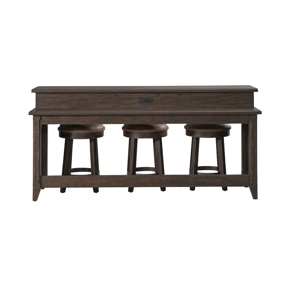 4 Pc Console Table Set - Charging Station, 4 Upholstered Stools - Brown Oak Wood