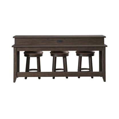 4 Pc Console Table Set - Charging Station, 4 Upholstered Stools - Brown Oak Wood
