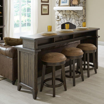 4 Pc Console Table Set - Charging Station, 4 Upholstered Stools - Brown Oak Wood