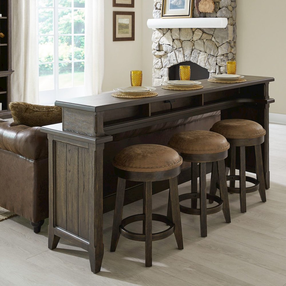 4 Pc Console Table Set - Charging Station, 4 Upholstered Stools - Brown Oak Wood