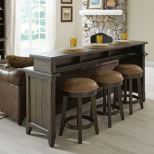4 Pc Console Table Set - Charging Station, 4 Upholstered Stools - Brown Oak Wood