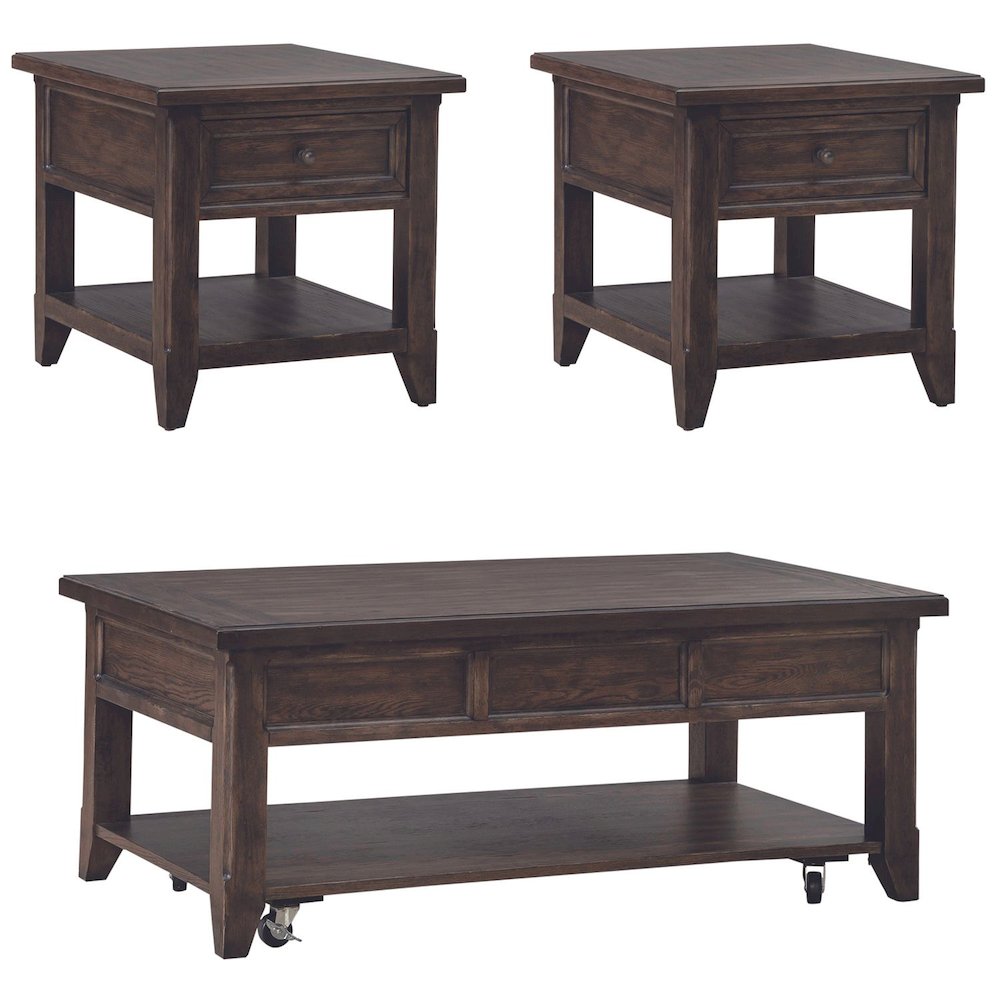 3 Pc Living Room Set - Lift Top Cocktail Table, 2 End Tables - Brown Oak Wood