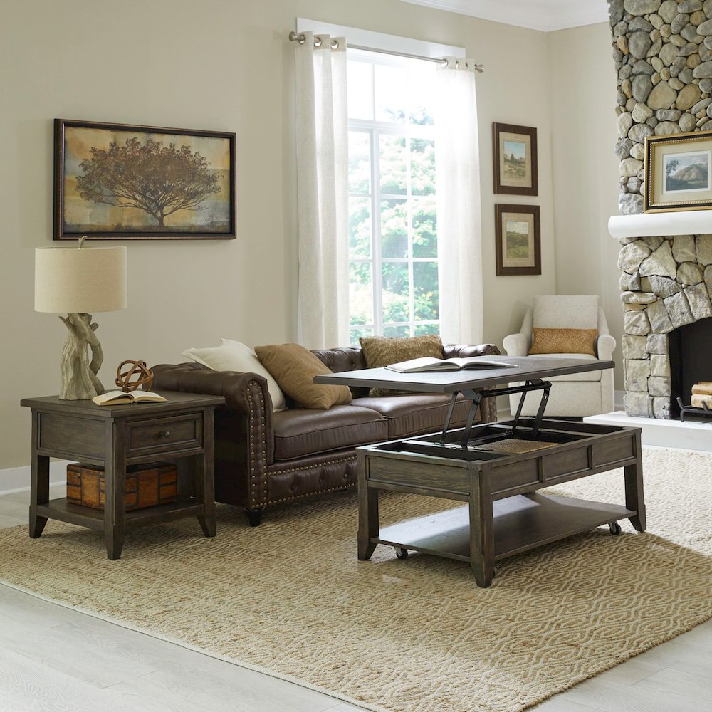 3 Pc Living Room Set - Lift Top Cocktail Table, 2 End Tables - Brown Oak Wood