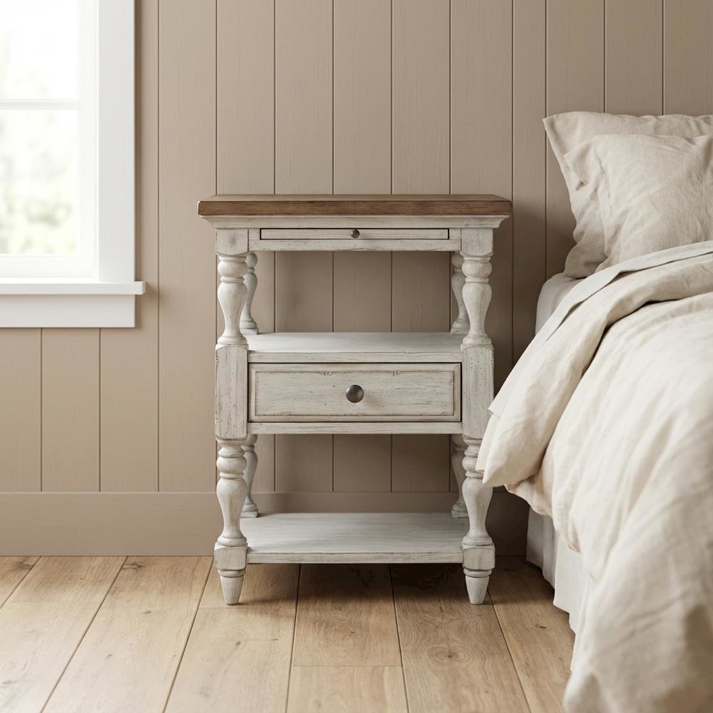 Antique White Bedroom Nightstand with Chestnut Top and Single Drawer