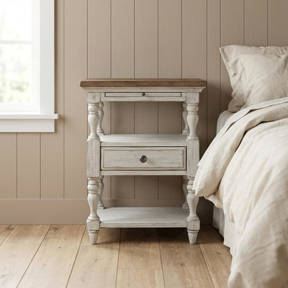 Antique White Bedroom Nightstand with Chestnut Top and Single Drawer