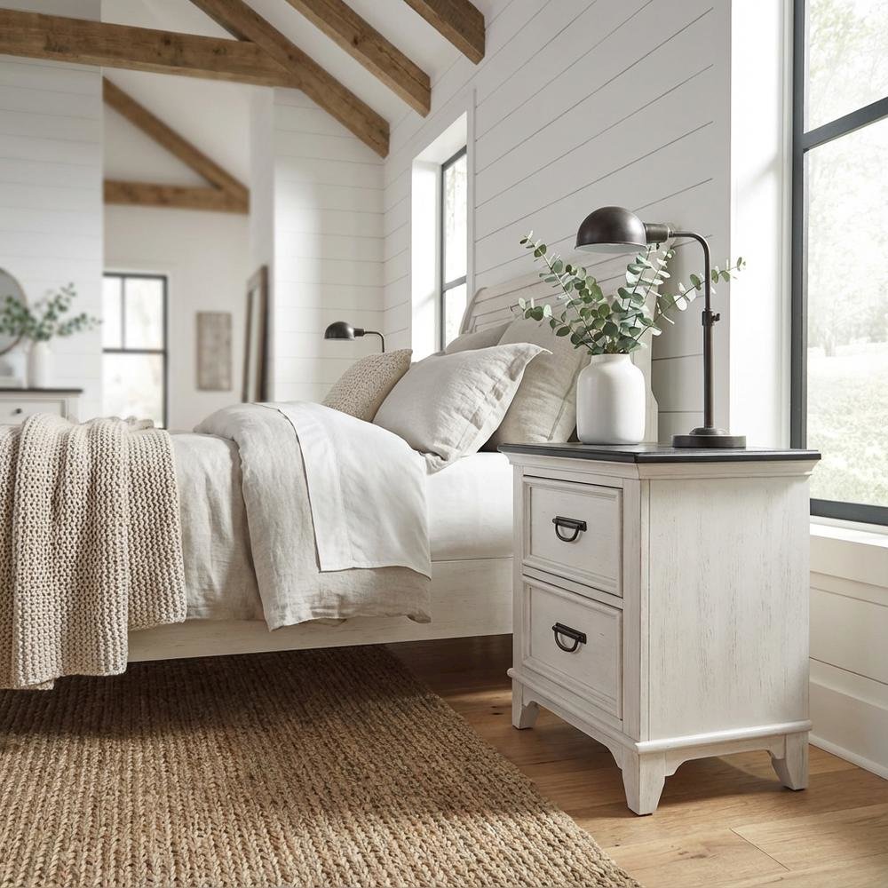 White Nightstand with Charging Station and Wirebrushed Finish
