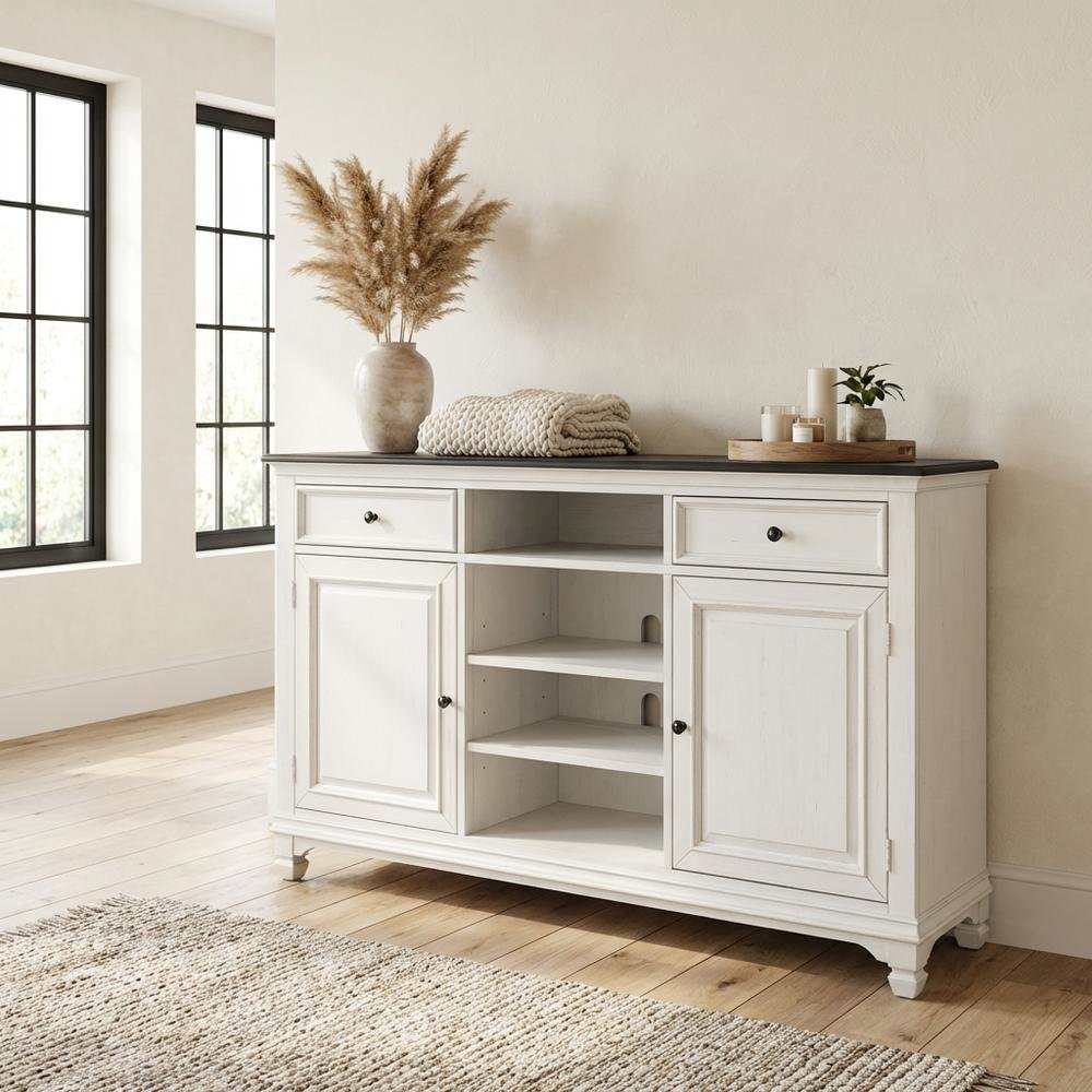 White Wirebrushed Highboy TV Console with Charcoal Top in Cottage Style