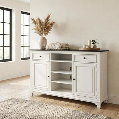 White Wirebrushed Highboy TV Console with Charcoal Top in Cottage Style