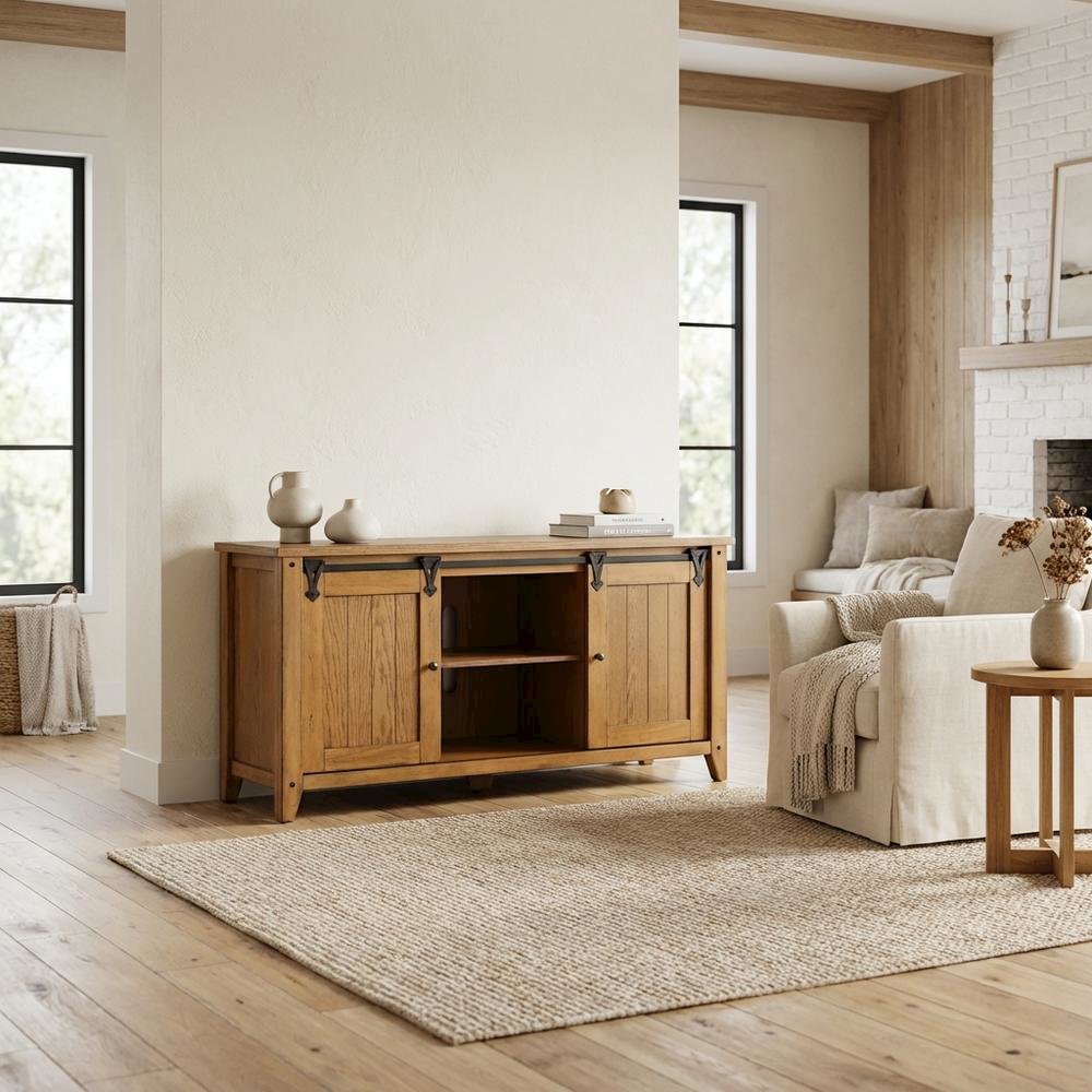 Rustic Oak TV Console with Solid and Manufactured Wood Construction