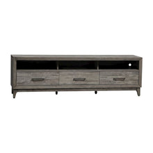 Driftwood gray TV console, contemporary style, wood construction, 76" W