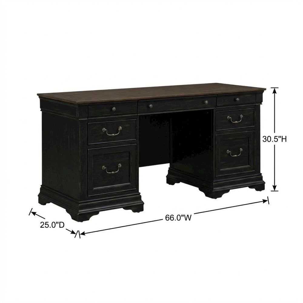 Aged Charcoal Credenza Desk With Distressed Finish And Birch Top For Home Office