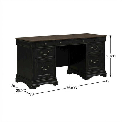 Aged Charcoal Credenza Desk With Distressed Finish And Birch Top For Home Office