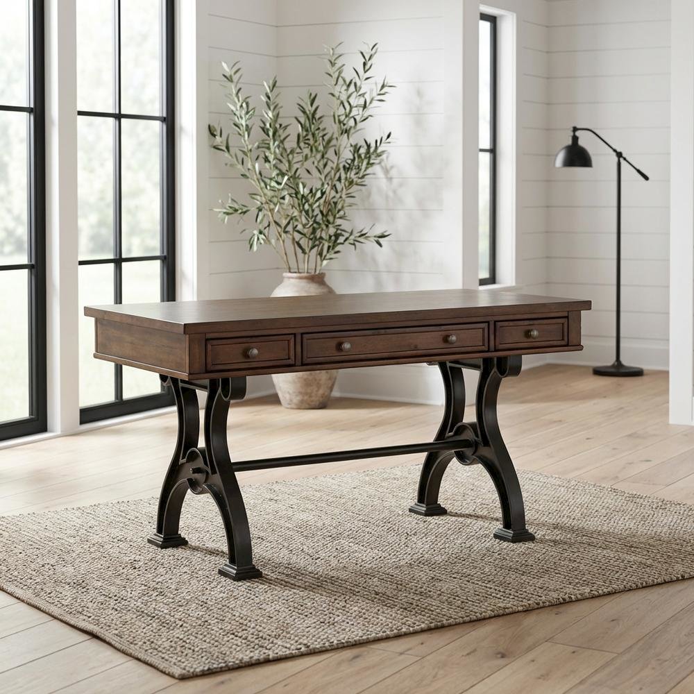 Wooden 3-Piece Desk Set in Cobblestone Brown with Metal Frame for Urban Style