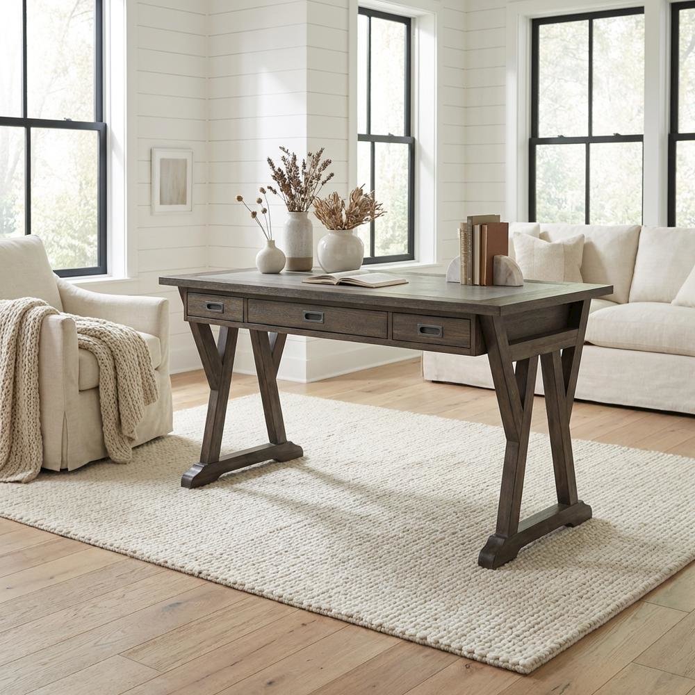 Rustic Saddle 3-Piece Computer Desk Set - Transitional Design, Solid Wood