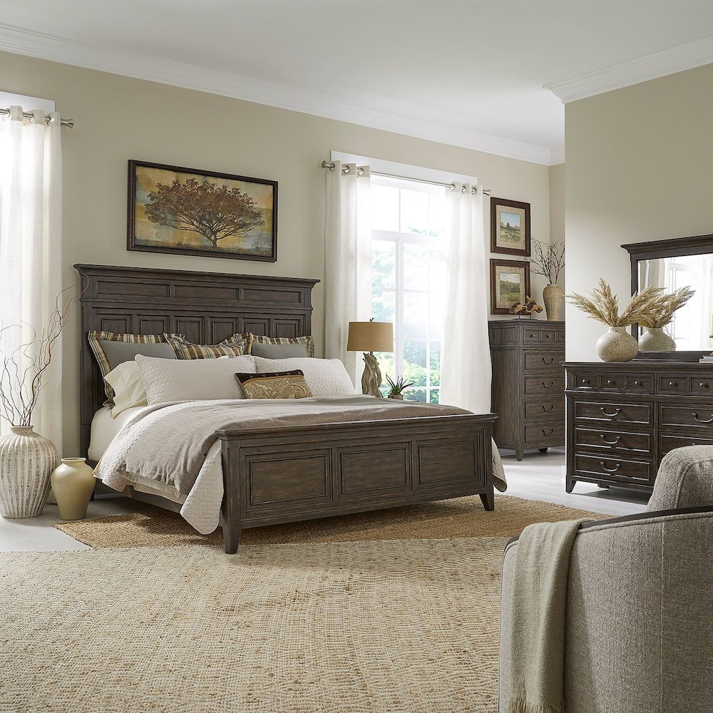 Paradise Valley King Panel Bed, Dresser & Mirror, Chest - Saddle Brown
