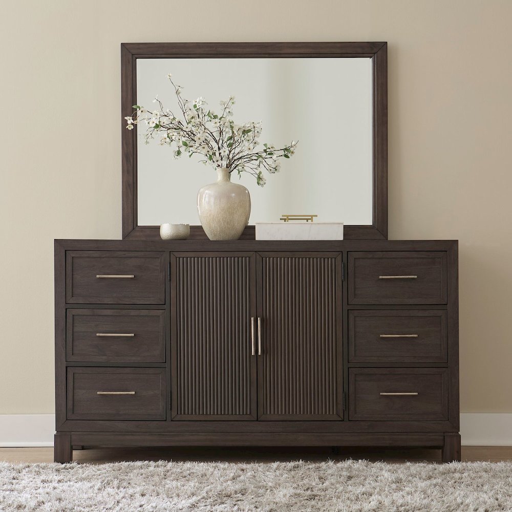 Modern Edge King Upholstered Bed, Dresser & Mirror Bedroom Set - Caffe