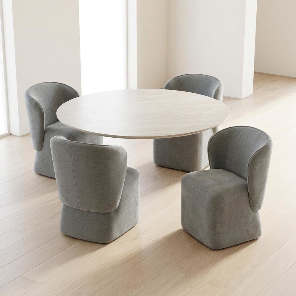 Solid Wood Upholstered Accent Dining Chair with Castors, Eclectic Style, Gray
