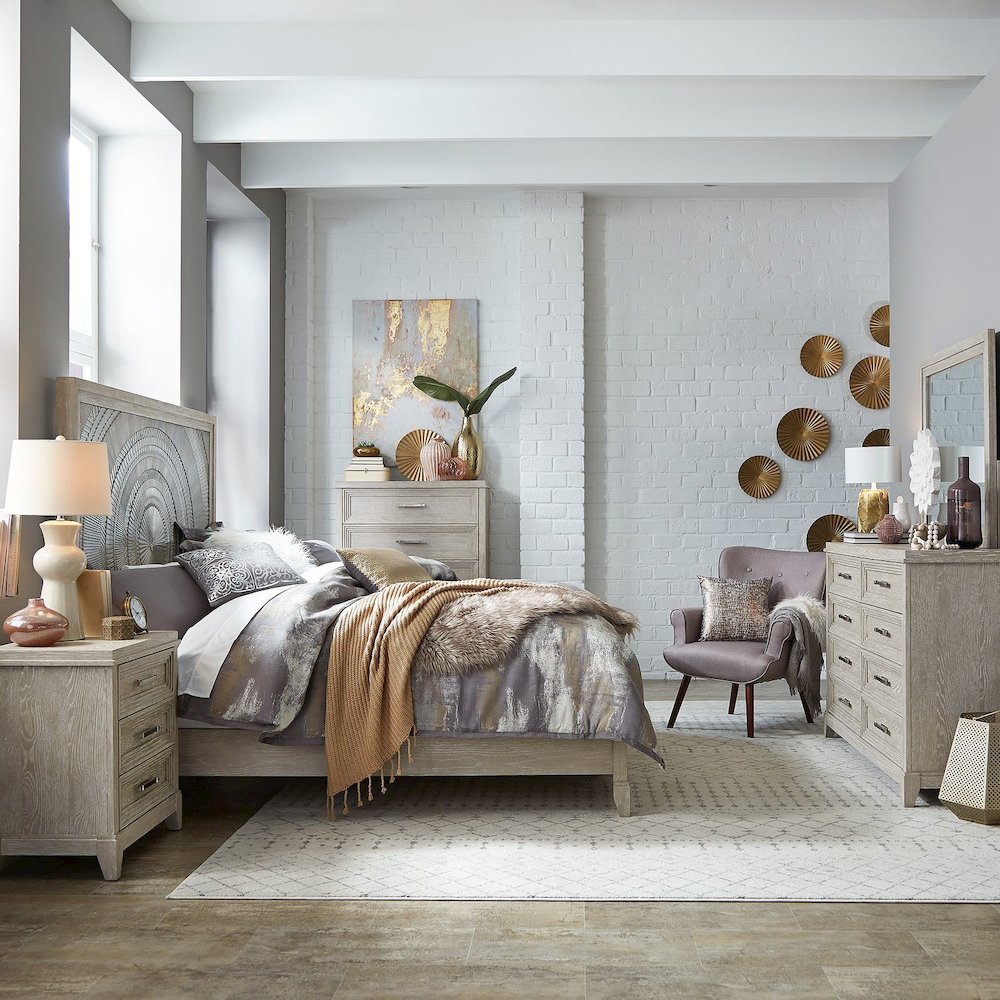California King Panel Bed, Dresser & Mirror, Chest, Night Stand - Taupe & Silver