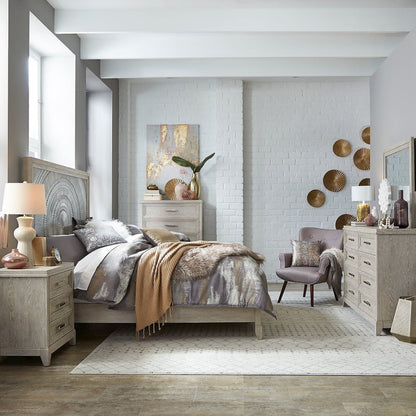 California King Panel Bed, Dresser & Mirror, Chest, Night Stand - Taupe & Silver